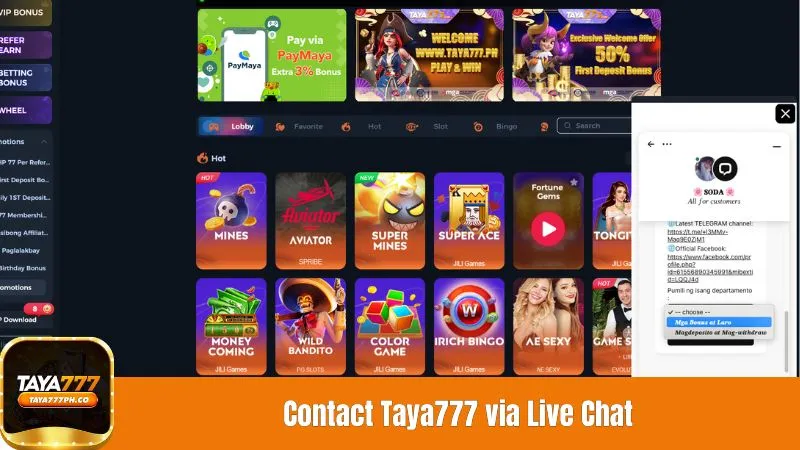 Contact Taya777 via Live Chat